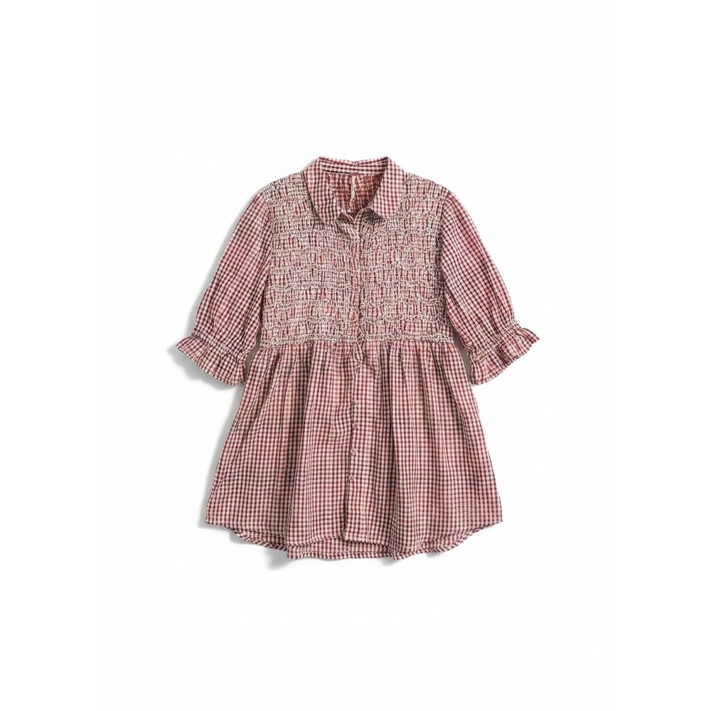 Free People Charlotte Gingham Tunic‎ Women XS Red White NEW Smocked Boho